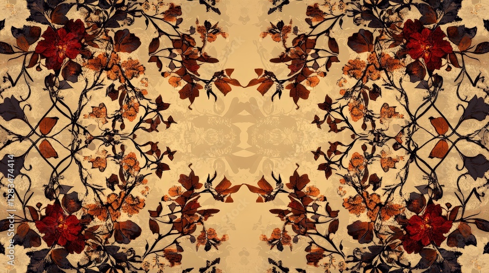 Poster an intricate floral pattern with delicate vines, leaves, and flowers arranged in a repeating structu