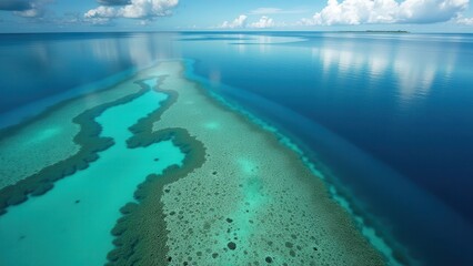 Split view of an underwater coral reef with clear turquoise water and cloudy sky above the ocean surface	