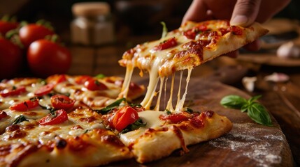 Pizza Four Cheese, Italian Pizza with Rich Tomato Sauce, Mozzarella, Parmesan, Gorgonzola, and Ricotta Cheese, Creamy and Savory Pizza Isolated on Background with Copy Space.