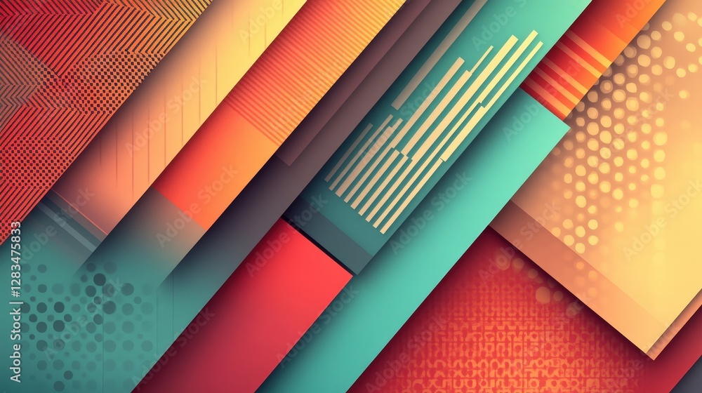 Poster bright geometric patterns in various colors, including red, orange, and teal, layered on top of each