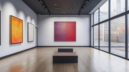 Fototapeta premium Modern art gallery showcasing vibrant abstract paintings