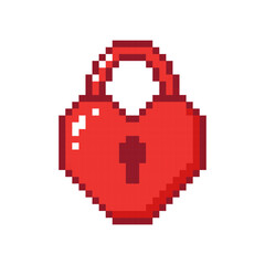 Vibrant red heart-shaped padlock with a keyhole in pixel style. Concept of love and security. Hand drawn vector illustration.
