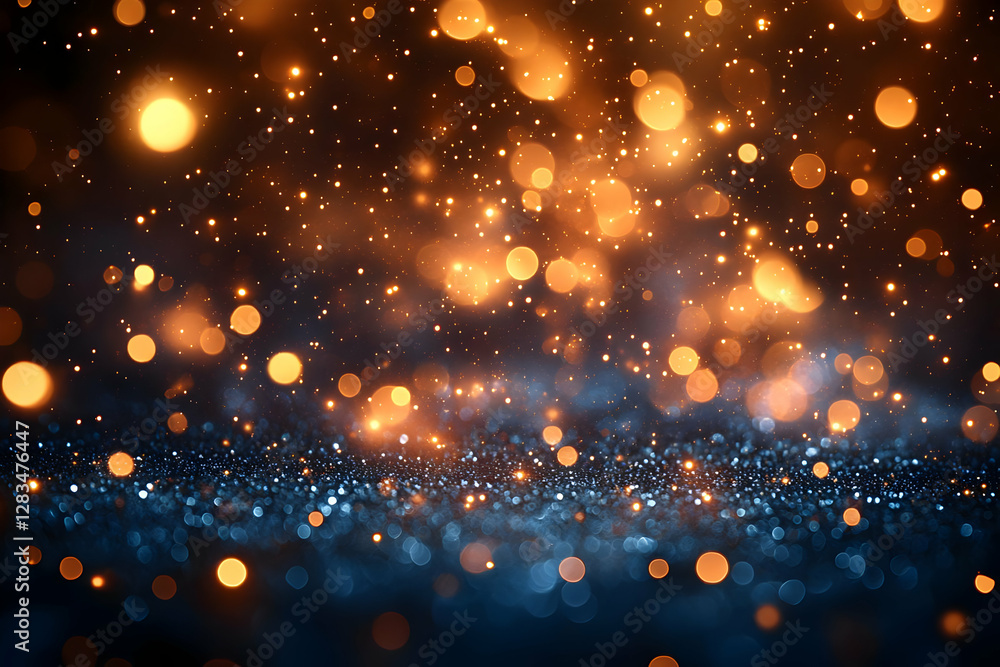 Poster abstract festive background with golden bokeh lights and sparkles on dark background