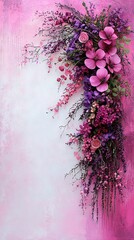 Obraz premium Pink and purple flower painting on pink background with space for text or image