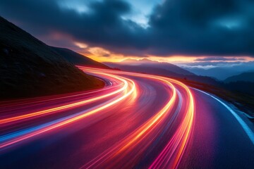 Long exposure captures vibrant light trails along winding road at dusk in breathtaking mountain landscape