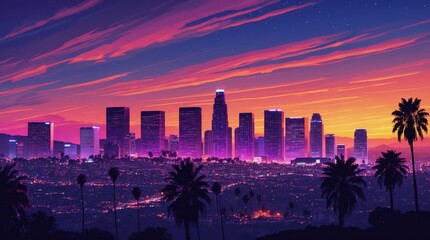 A warm and vibrant depiction of the Los Angeles skyline at sunset