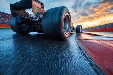 Race cars speeding on a wet track during sunset at the motorsport event