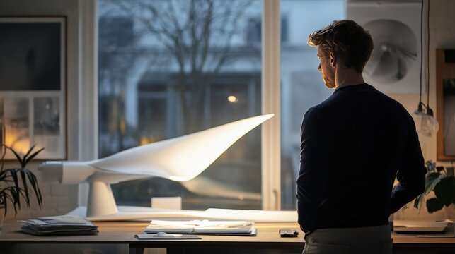 Engineers designing wind turbines with larger blades and higher output, aiming to make wind power more viable in urban environments