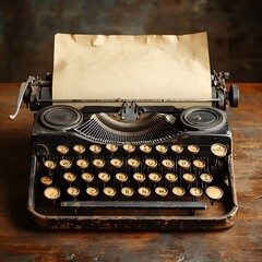 Vintage typewriter on wood desk with blank paper