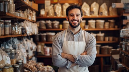 Smiling man in apron standing confidently in organic grocery store with shelves of healthy food products, natural ingredients, and local goods for sale.