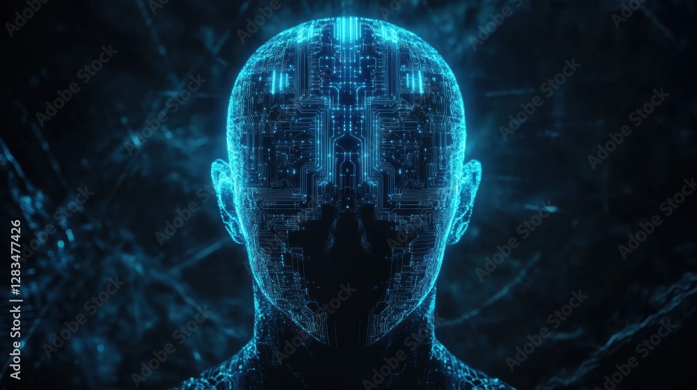 Poster Futuristic silhouette of a human head with glowing circuit board design and neon lines representing advanced technology. Generative AI