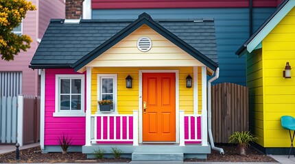 Naklejka premium Colorful small houses for budget-conscious families: Ideal for real estate websites, unique home design blogs, and affordable housing diversity campaigns
