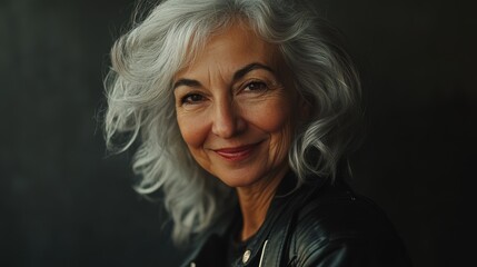 Smiling mature woman with gray hair in casual outfit reflecting confidence and beauty in a close-up portrait for lifestyle and wellness themes.