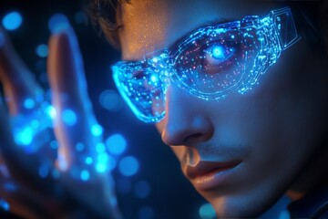 Futuristic close-up of a person wearing glowing augmented reality goggles in a tech-inspired environment