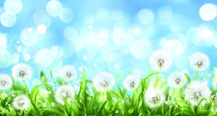 Fototapeta premium The boundaries between spring and summer become indistinct in this serene natural setting, where a lush meadow flourishes with vibrant green grass and bright yellow dandelions set against a sky