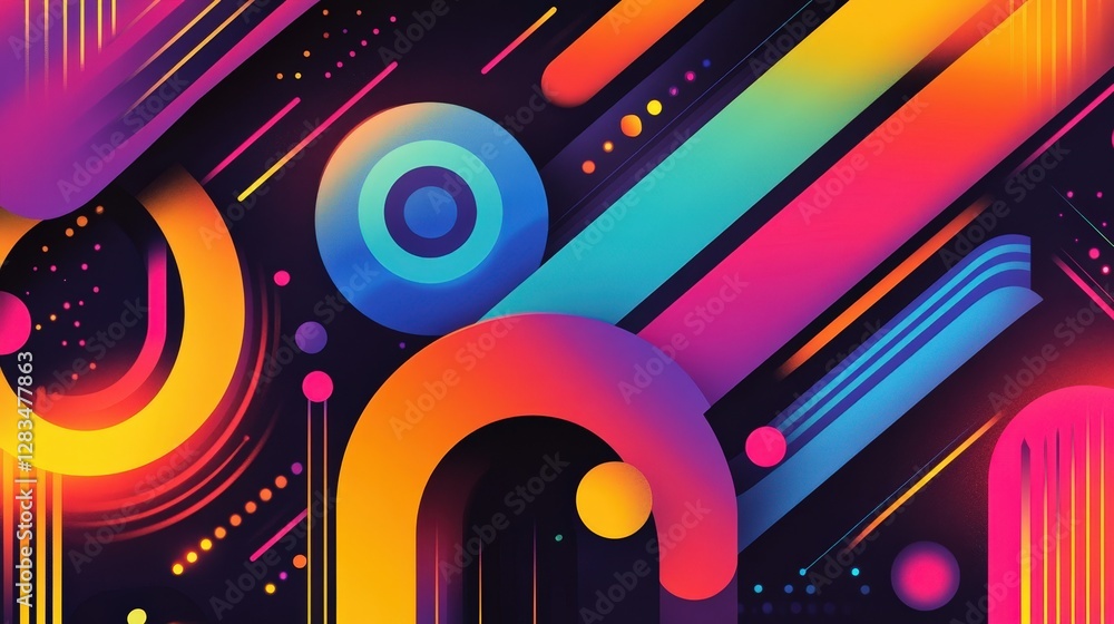 Poster geometric shapes in bright neon colors layered over a dark background, creating a contrast that adds