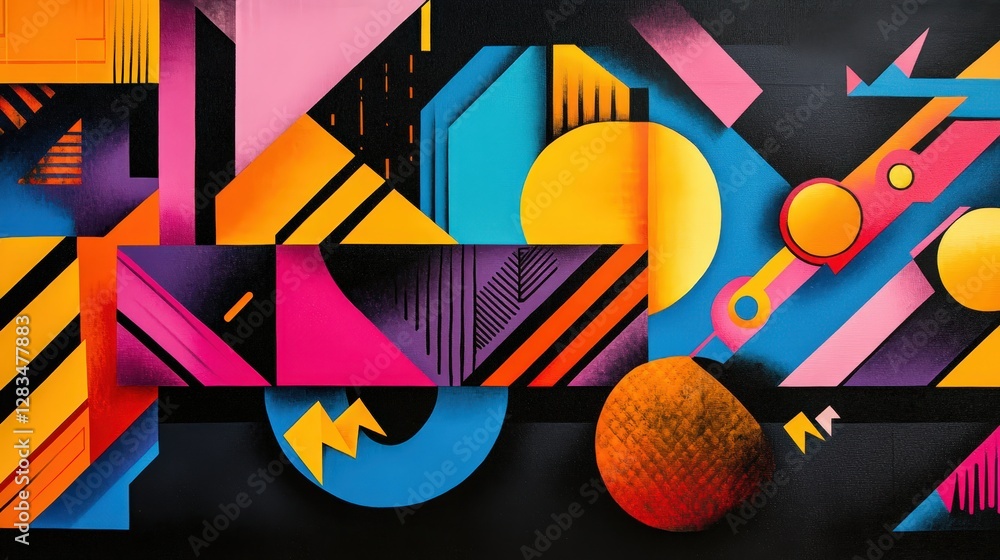 Poster geometric shapes in bright neon colors layered over a dark background, creating a contrast that adds