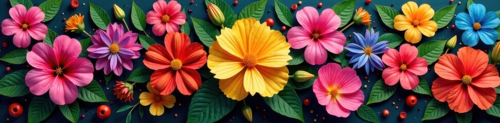 Exotic and colorful floral clusters , eclectic, diverse, vibrant