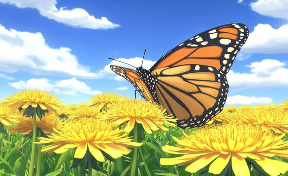 Fototapeta A clear sunny day showcases a beautiful natural landscape of spring and summer, featuring a field of flowering dandelions and a butterfly set against a blue sky with clouds