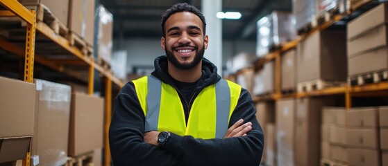Obraz premium Smiling warehouse worker wearing safety vest in distribution center with boxes, logistics professional standing confidently in retail or shipping industry environment.