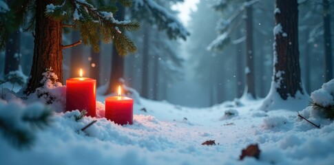 Snowy forest floor with pine branches and candles, branch, snow, woodland