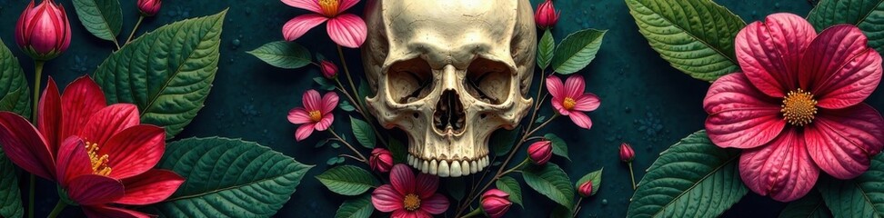 Naklejka premium Exotic flowers and foliage entwined around a dramatic human skull, floral arrangement, nature, jungle atmosphere
