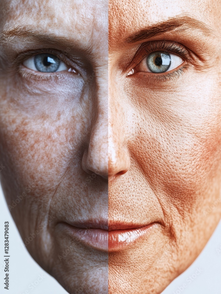 Poster transformation of aging to youth reflected in a split face showing contrast in skin texture and tone