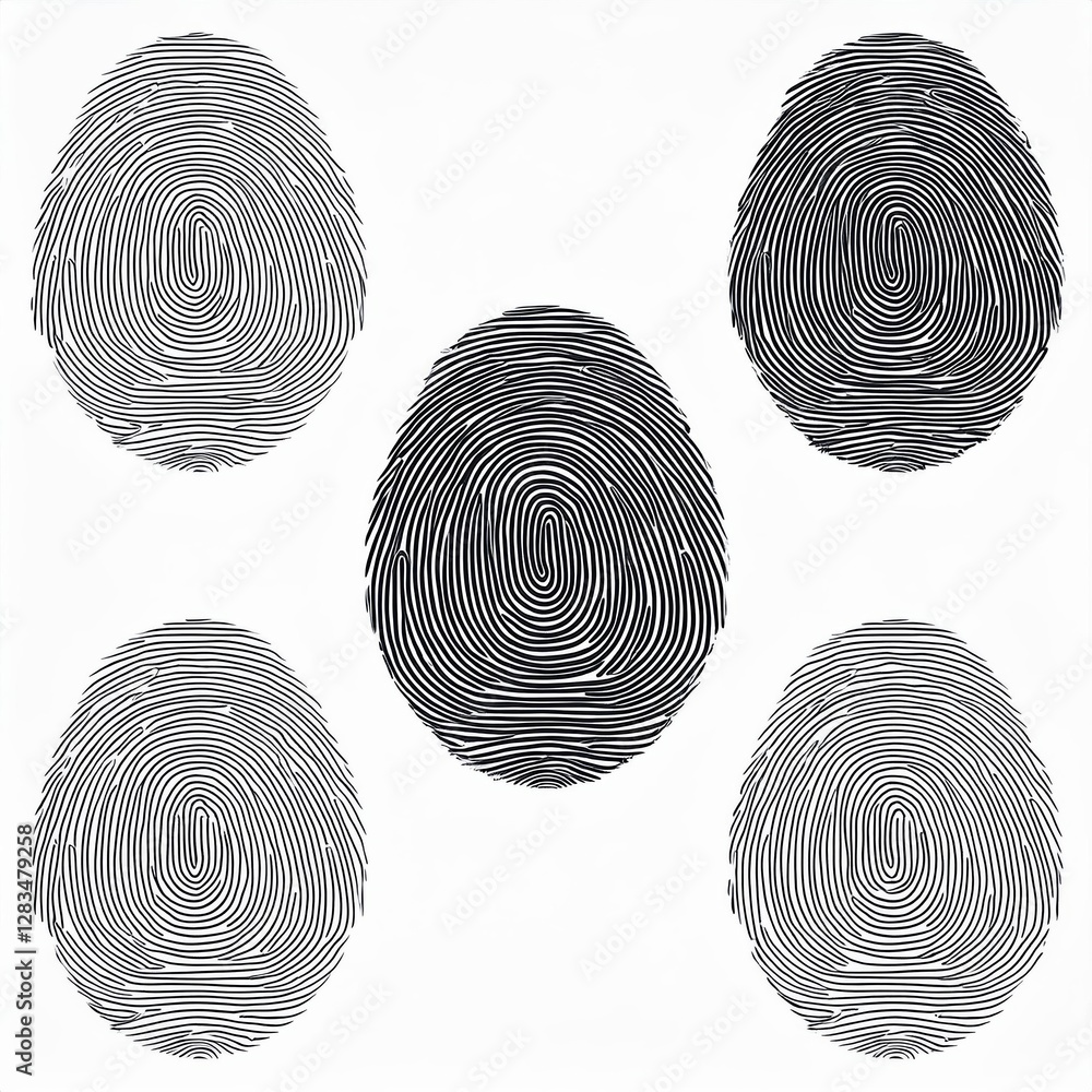 Poster set of distinct fingerprint logos arranged artistically on a white background, showcasing intricate 