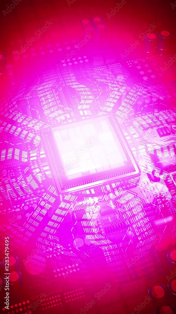 Poster computer processor in pink color palette - 3d 4k vertical animation (2160x3840 px)