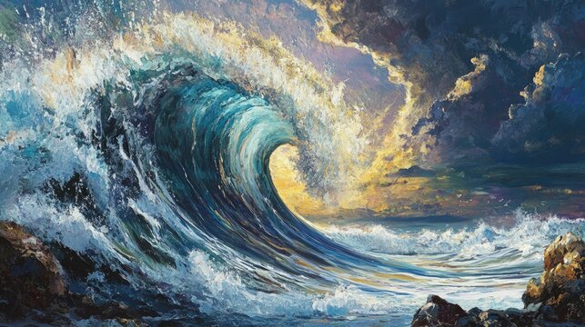 An elegant, swirling wave crashing against rocks, symbolizing the unstoppable force of feminine energy.
