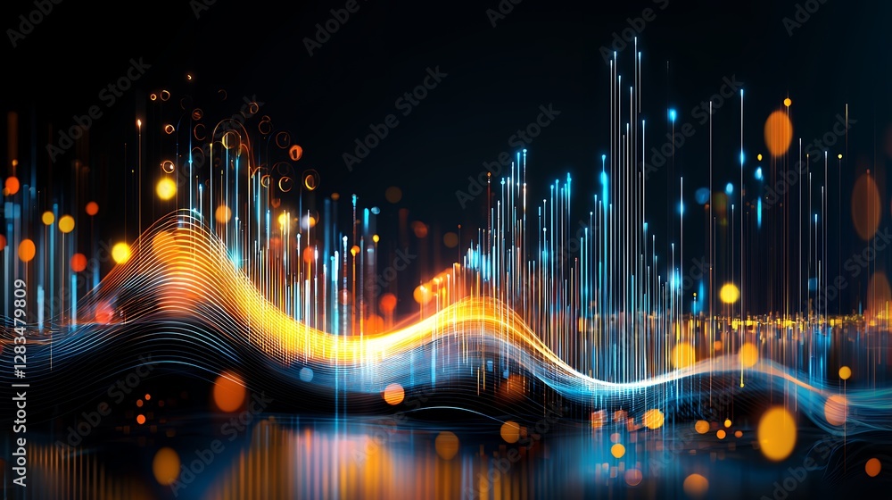 Aufkleber abstract data visualization with orange and blue light waves on dark background