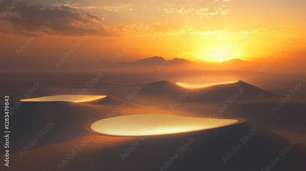 Poster large-scale solar farms in deserts designed to capture vast amounts of sunlight and convert it into 