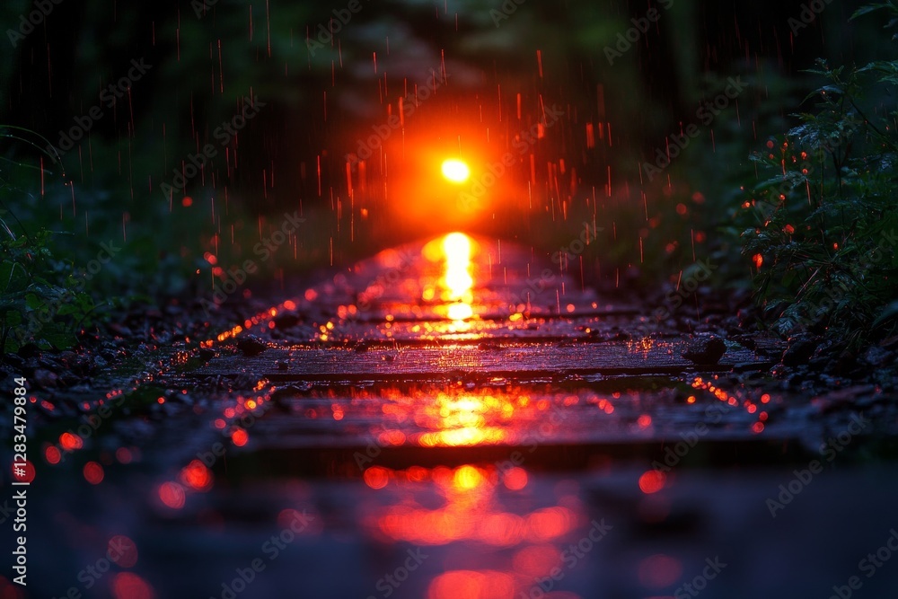 Poster sunset reflecting on a wet path during a rain shower in a tranquil forest setting
