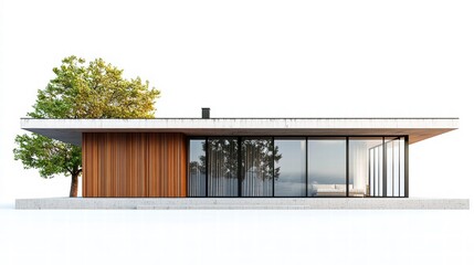 Fototapeta premium Modern Architectural Marvel: A contemporary, minimalist architectural structure with expansive glass walls, seamlessly merging indoor and outdoor living, complemented by a tree.