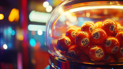 Close-up view of lottery drum with numbered balls in vibrant game setting