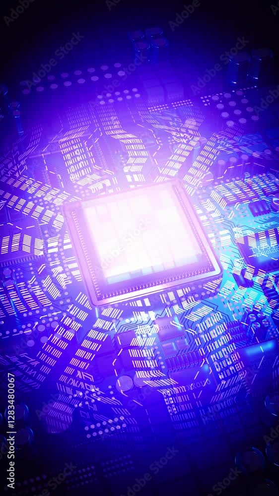 Poster computer processor in ultraviolet color palette - 3d 4k vertical animation (2160x3840 px)