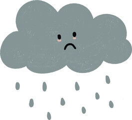 A sad gray rain cloud with falling raindrops in a cute hand-drawn style.