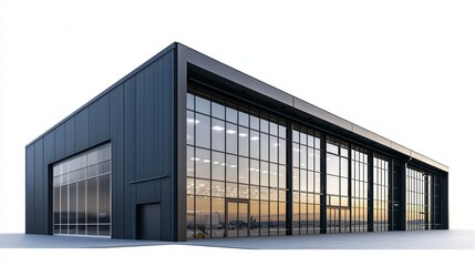 Fototapeta premium Modern Industrial Building: A sleek, contemporary industrial building showcases clean lines, expansive glass windows, and a minimalist aesthetic, reflecting a sense of efficiency and innovation.