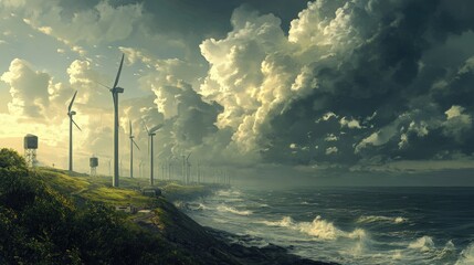 Offshore wind farms utilizing powerful ocean winds to generate clean, green energy, contributing to the global effort to reduce reliance on fossil fuels