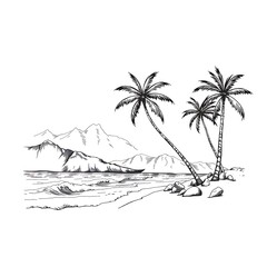 Hand-Drawn Sketch of a Serene Tropical Beach with Palm Trees and Gentle Waves, Perfect for Travel and Nature-Themed Projects