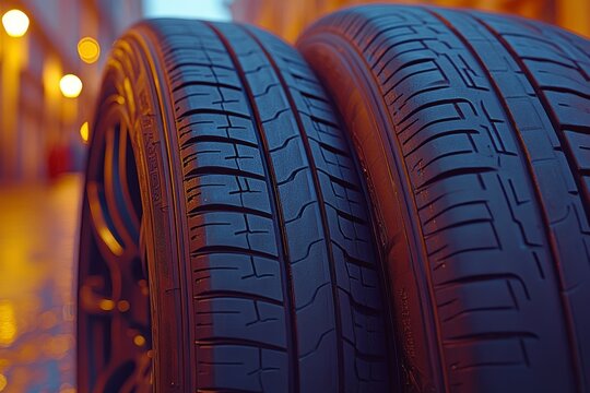 Close-up view of two high-performance tires on a wet city street at dusk showcasing tread patterns and reflections