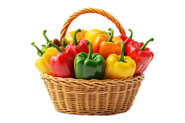 Wicker basket filled with fresh red, yellow, and green bell peppers isolated on white transparent background. Concept of healthy eating, organic vegetables, and nutrition