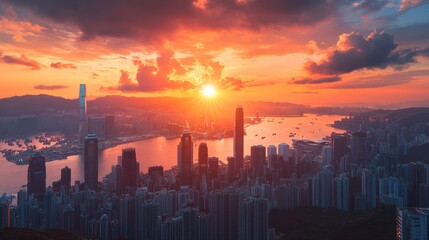 Fototapeta premium Stunning sunset over a bustling city skyline view
