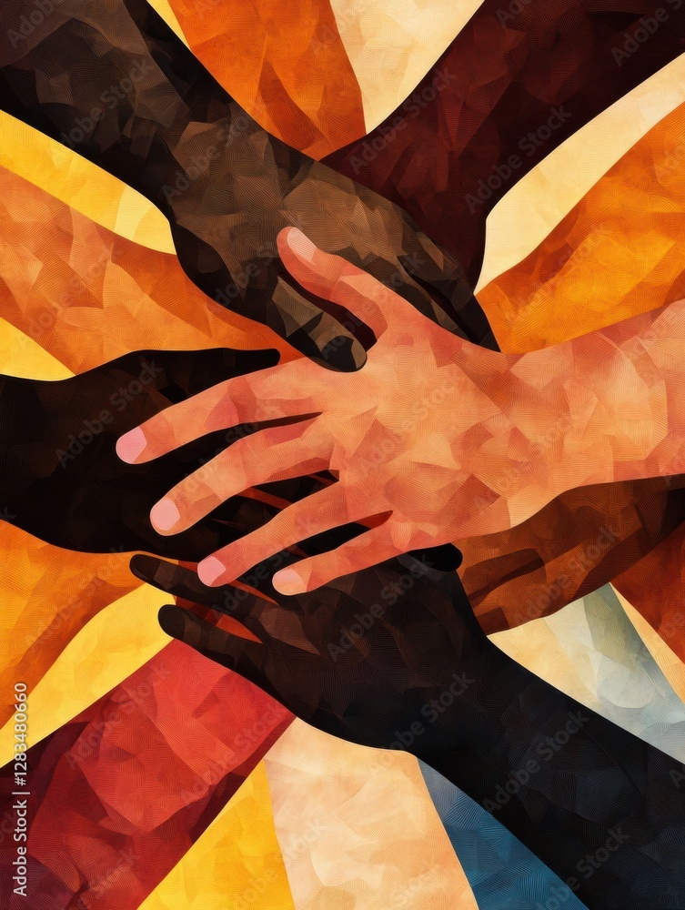Poster symbolic illustration of diverse hands coming together to express unity and support among all commun