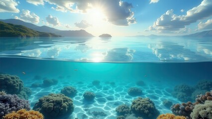Fototapeta premium Split view of a vibrant coral reef with colorful corals underwater and a bright sky above the surface 