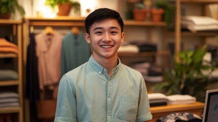 Fototapeta premium Smiling young man in casual shirt standing in retail store with shelves of clothing and green plants, showcasing friendly atmosphere and customer service.