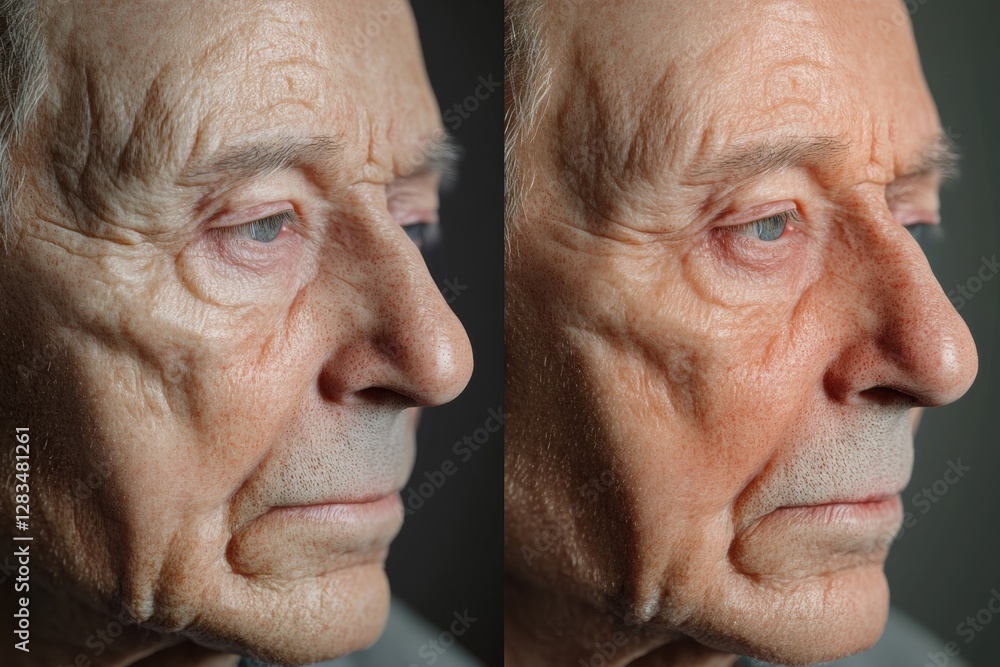 Poster transformation of an aged face to youthful skin showcasing the difference in appearance and vitality
