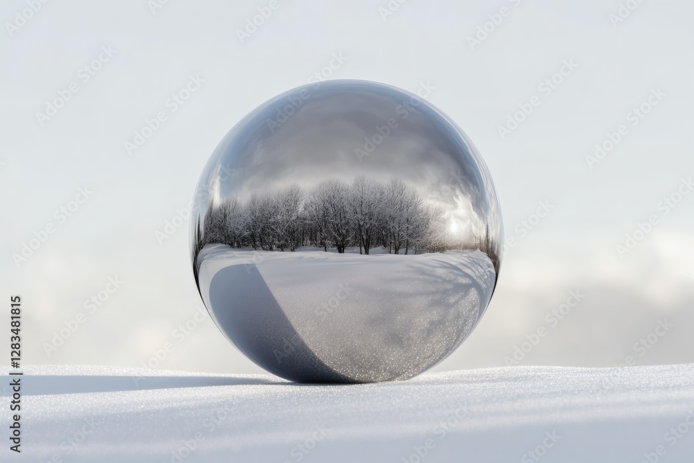 Poster captivating reflections of winter trees captured in a snow-covered sphere. generative ai