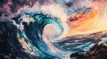 An elegant, swirling wave crashing against rocks, symbolizing the unstoppable force of feminine energy.