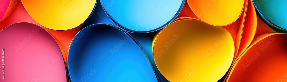 Poster vibrant interwoven paper curves creating dynamic abstract design with bold colorful tones